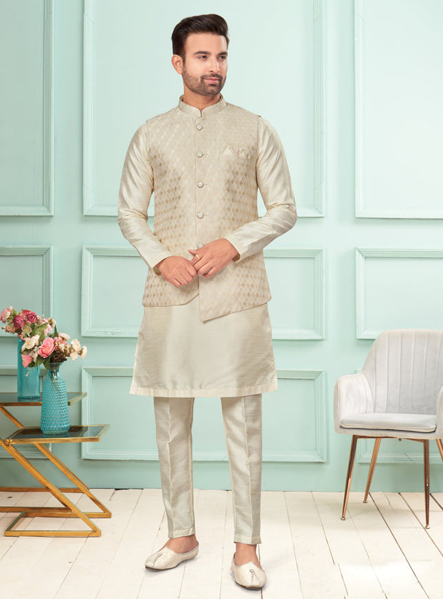 Cream Mens Kurta Pajama Set With Jacket