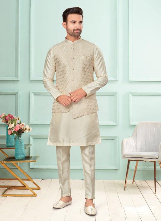 Cream Mens Kurta Pajama Set With Jacket