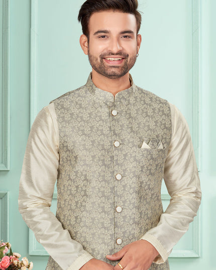Cream Mens Kurta Pajama Set With Jacket
