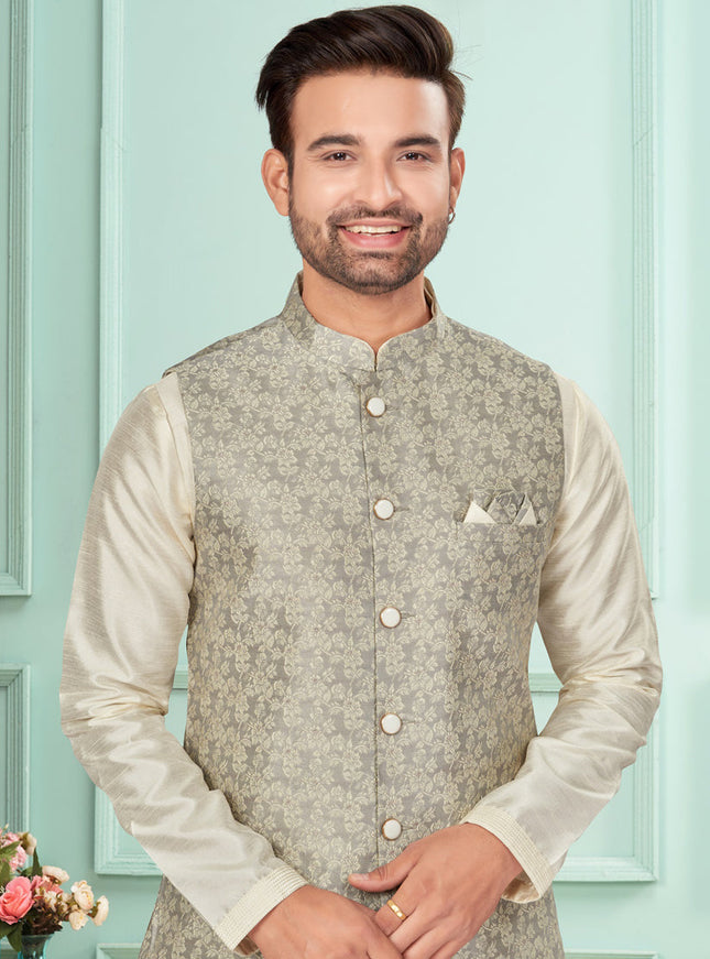 Cream Mens Kurta Pajama Set With Jacket
