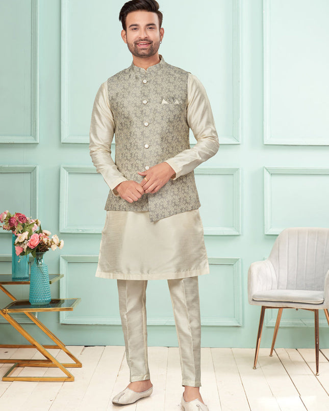 Cream Mens Kurta Pajama Set With Jacket