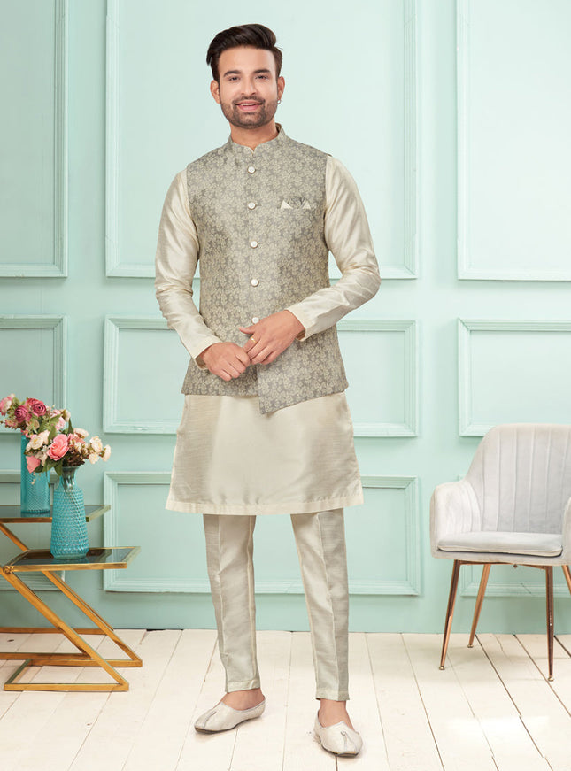 Cream Mens Kurta Pajama Set With Jacket