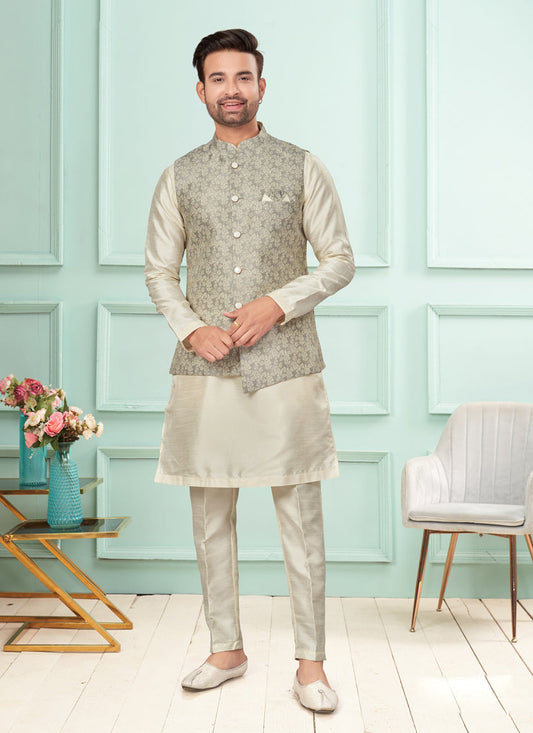 Cream Mens Kurta Pajama Set With Jacket