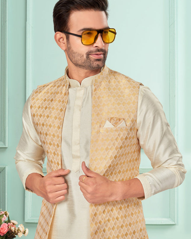 Cream Mens Kurta Pajama Set With Jacket