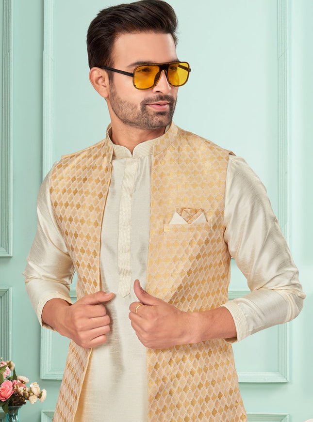 Cream Mens Kurta Pajama Set With Jacket