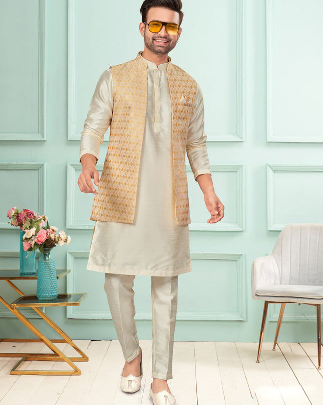 Cream Mens Kurta Pajama Set With Jacket