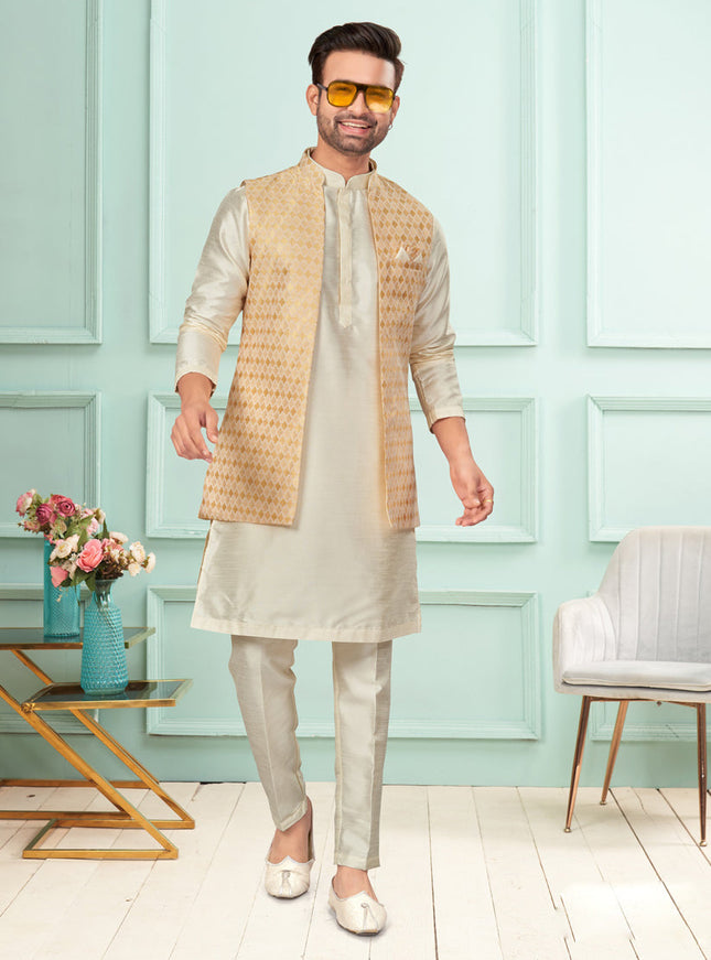 Cream Mens Kurta Pajama Set With Jacket