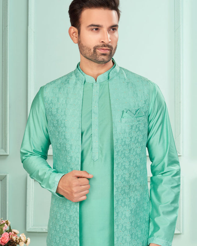 Sea Green Mens Kurta Pajama Set With Jacket