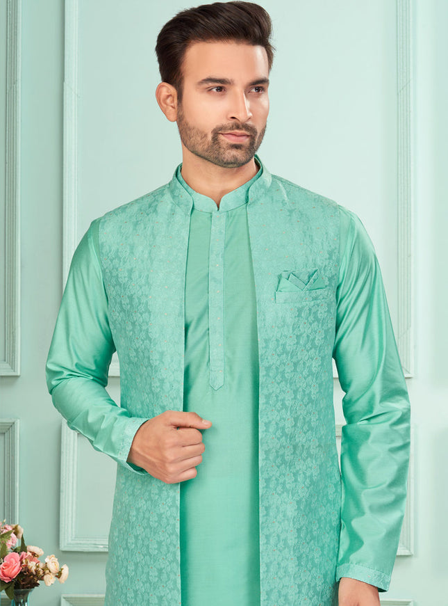 Sea Green Mens Kurta Pajama Set With Jacket