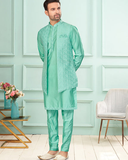 Sea Green Mens Kurta Pajama Set With Jacket
