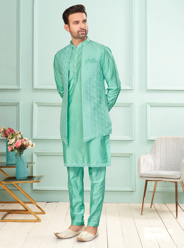 Sea Green Mens Kurta Pajama Set With Jacket
