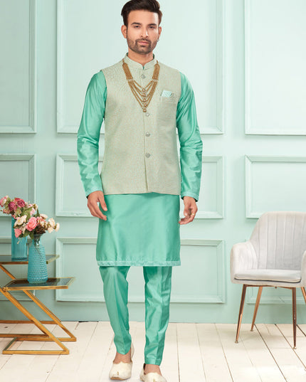 Sea Green Mens Kurta Pajama Set With Jacket