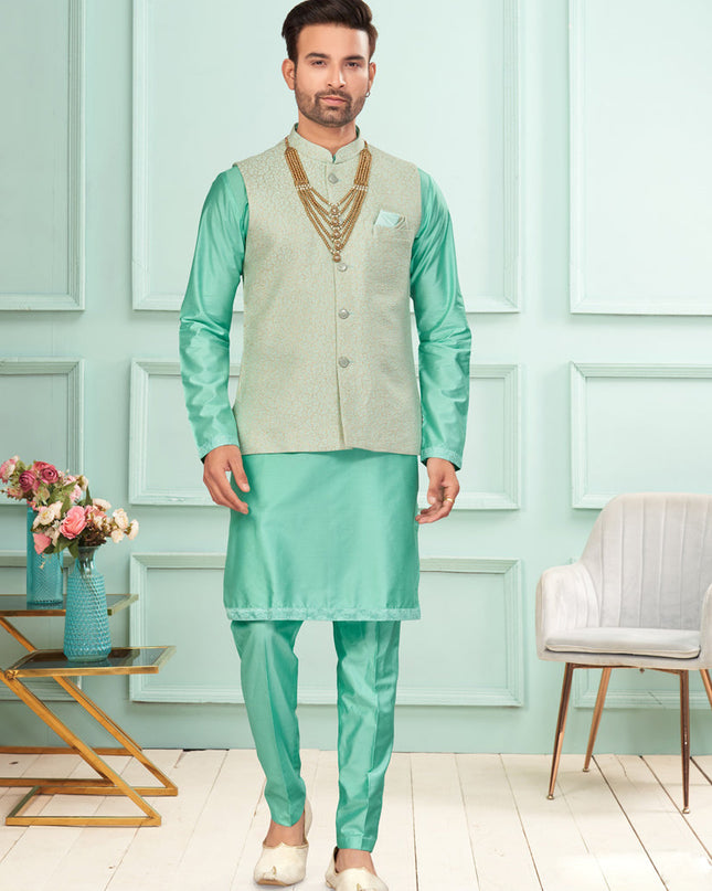 Sea Green Mens Kurta Pajama Set With Jacket