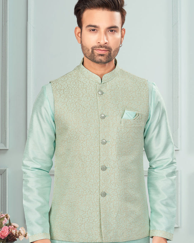 Sky Blue Mens Kurta Pajama Set With Jacket