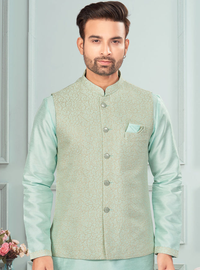 Sky Blue Mens Kurta Pajama Set With Jacket