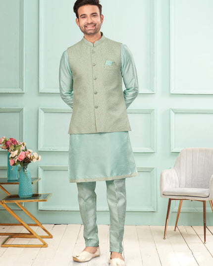 Sky Blue Mens Kurta Pajama Set With Jacket