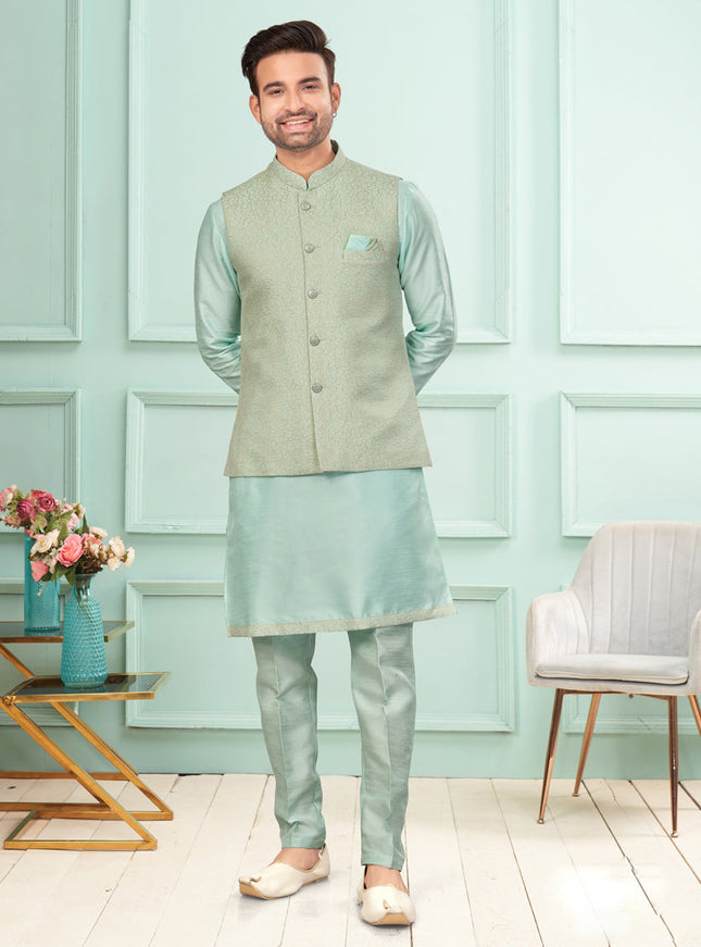 Sky Blue Mens Kurta Pajama Set With Jacket