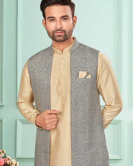 Beige Mens Kurta Pajama Set With Jacket