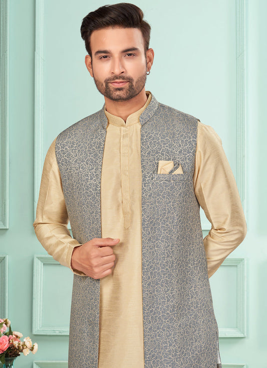Beige Mens Kurta Pajama Set With Jacket