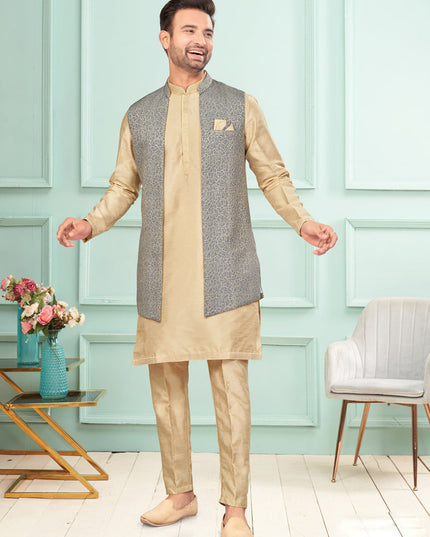 Beige Mens Kurta Pajama Set With Jacket