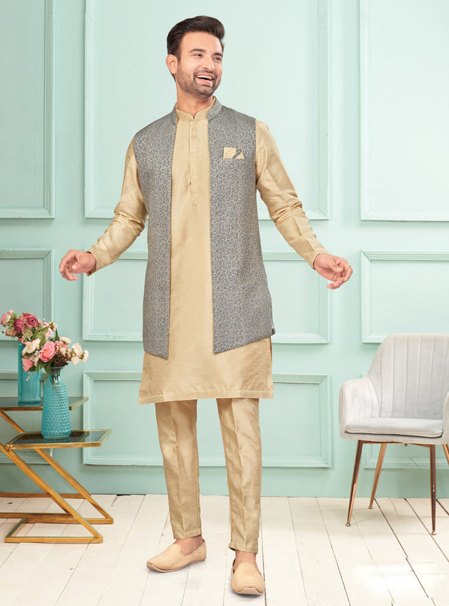 Beige Mens Kurta Pajama Set With Jacket