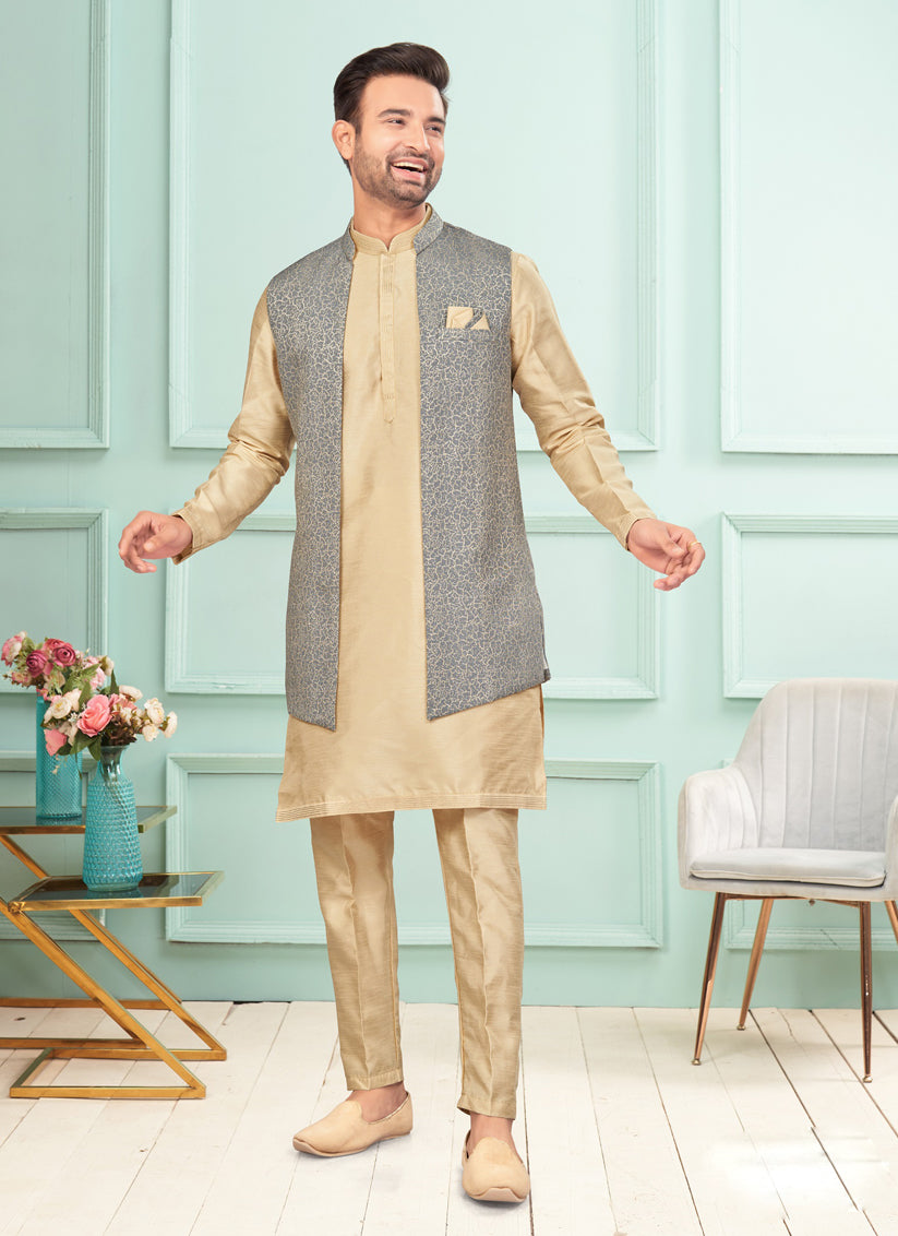 Beige Mens Kurta Pajama Set With Jacket