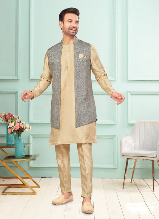 Beige Mens Kurta Pajama Set With Jacket