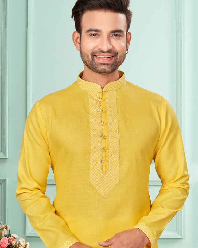 Yellow Cotton Mens Kurta Pajama Set