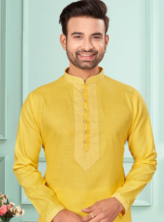 Yellow Cotton Mens Kurta Pajama Set