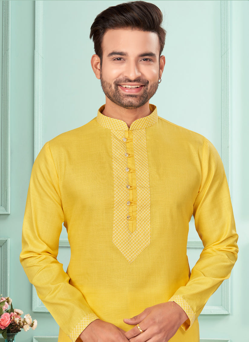 Yellow Cotton Mens Kurta Pajama Set