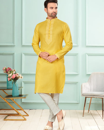 Yellow Cotton Mens Kurta Pajama Set