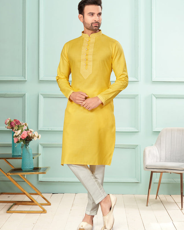 Yellow Cotton Mens Kurta Pajama Set