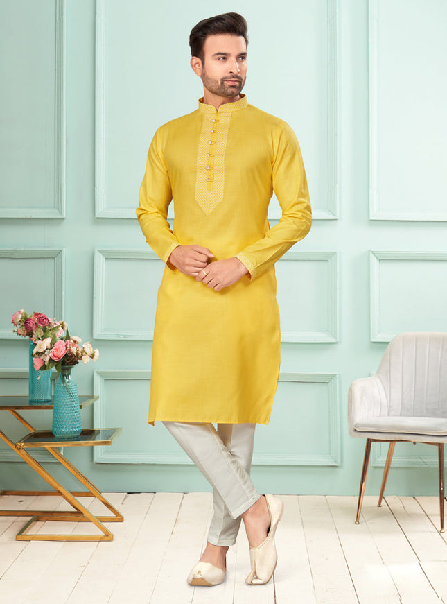 Yellow Cotton Mens Kurta Pajama Set