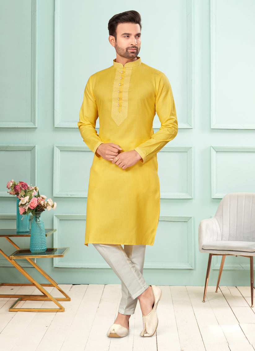 Yellow Cotton Mens Kurta Pajama Set
