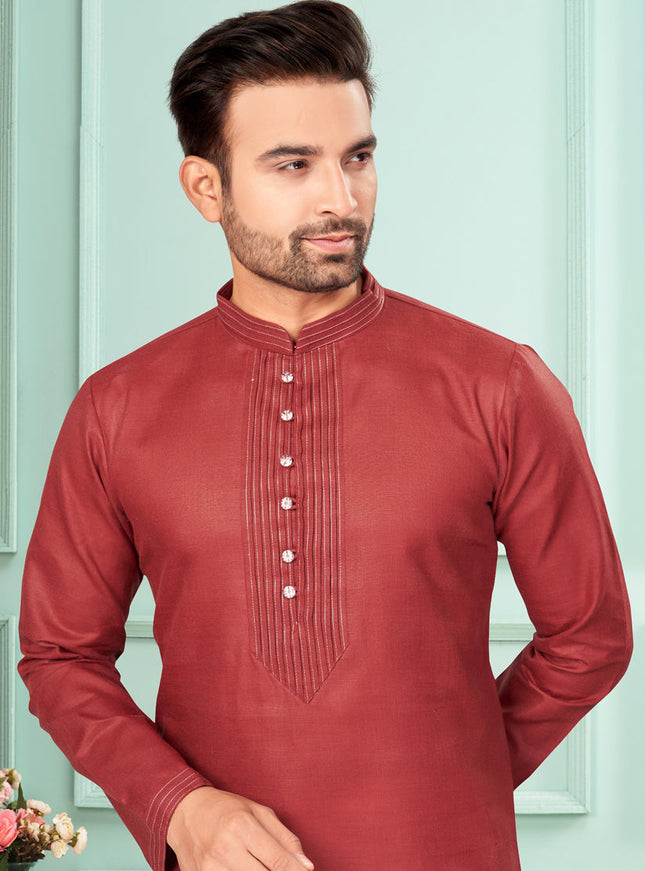 Maroon Cotton Mens Kurta Pajama Set