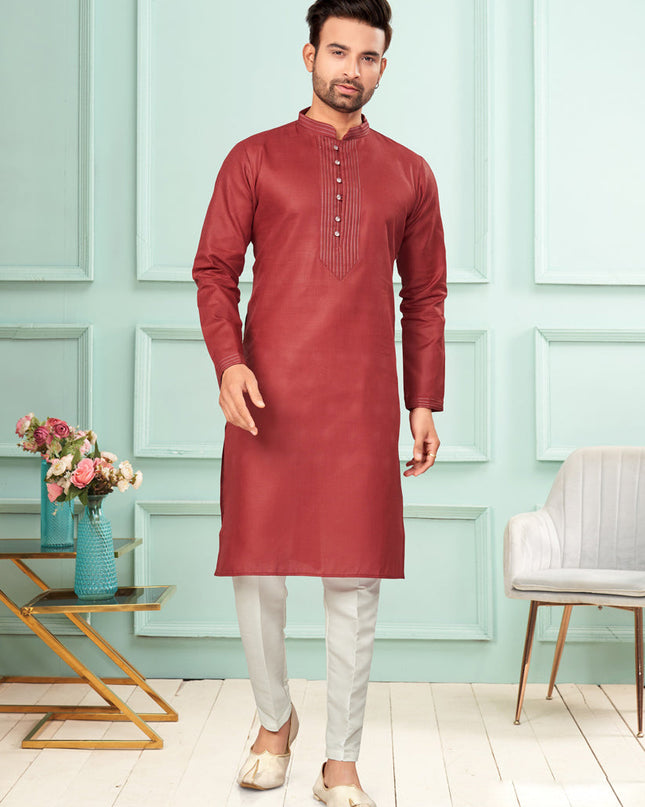 Maroon Cotton Mens Kurta Pajama Set