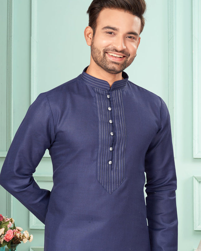 Navy Blue Cotton Mens Kurta Pajama Set