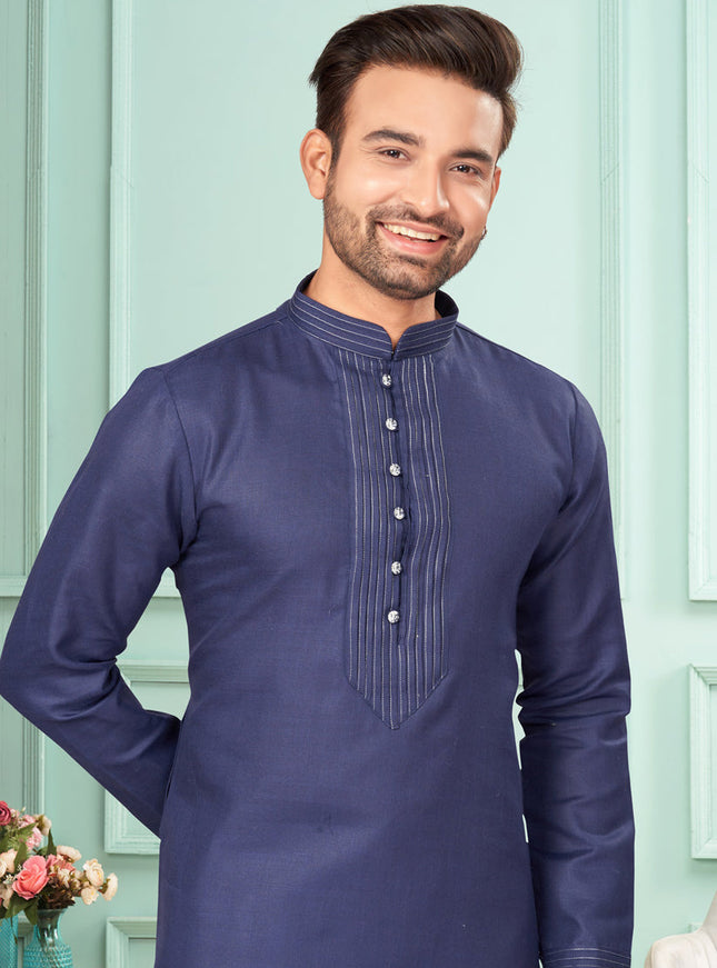 Navy Blue Cotton Mens Kurta Pajama Set