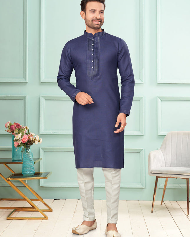 Navy Blue Cotton Mens Kurta Pajama Set