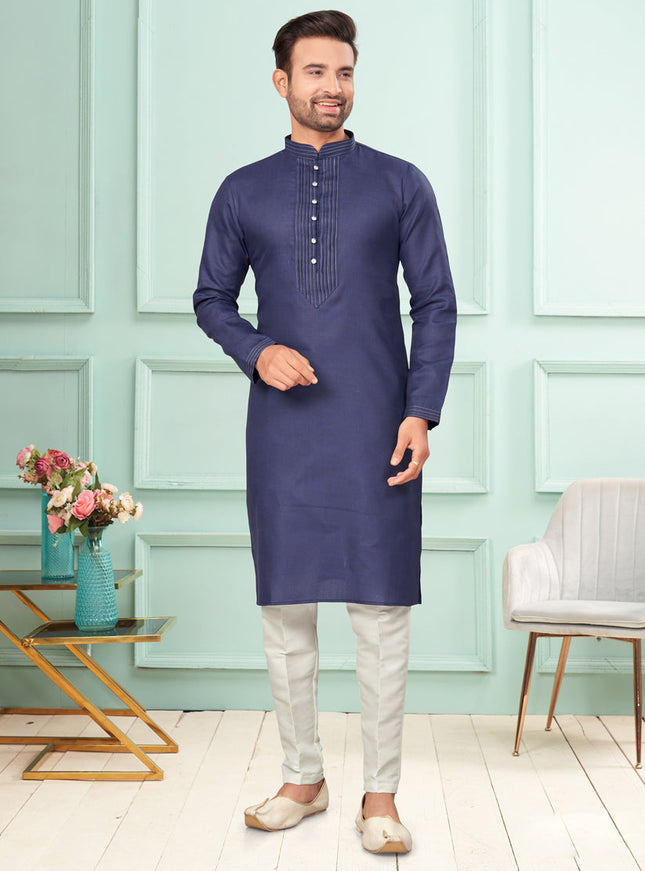 Navy Blue Cotton Mens Kurta Pajama Set