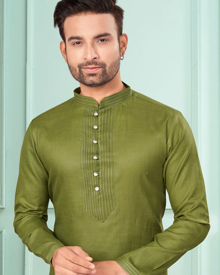 Mehndi Cotton Mens Kurta Pajama Set