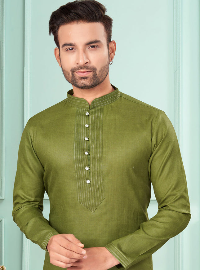 Mehndi Cotton Mens Kurta Pajama Set