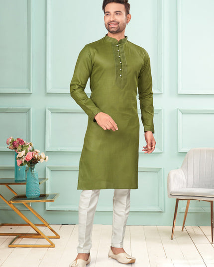 Mehndi Cotton Mens Kurta Pajama Set
