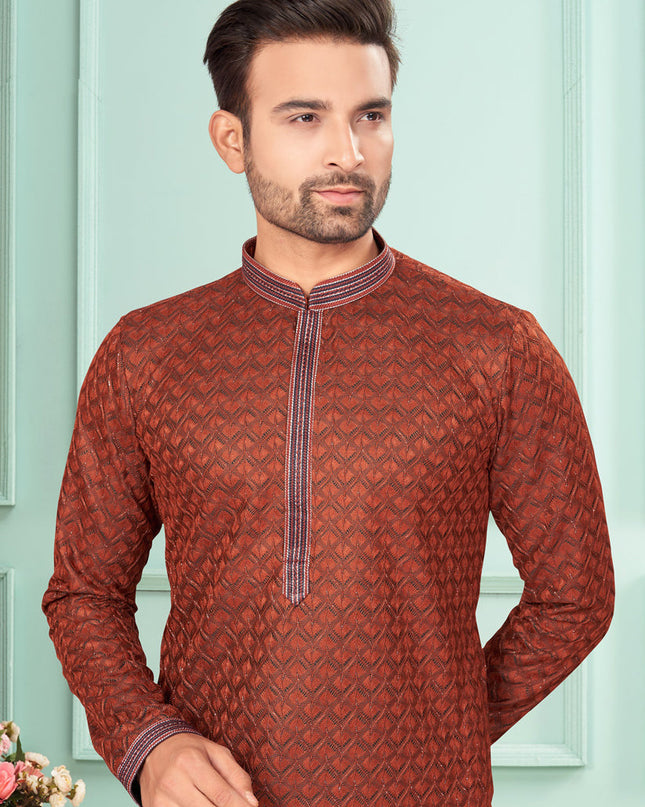 Rust Jacquard Mens Kurta Pajama Set