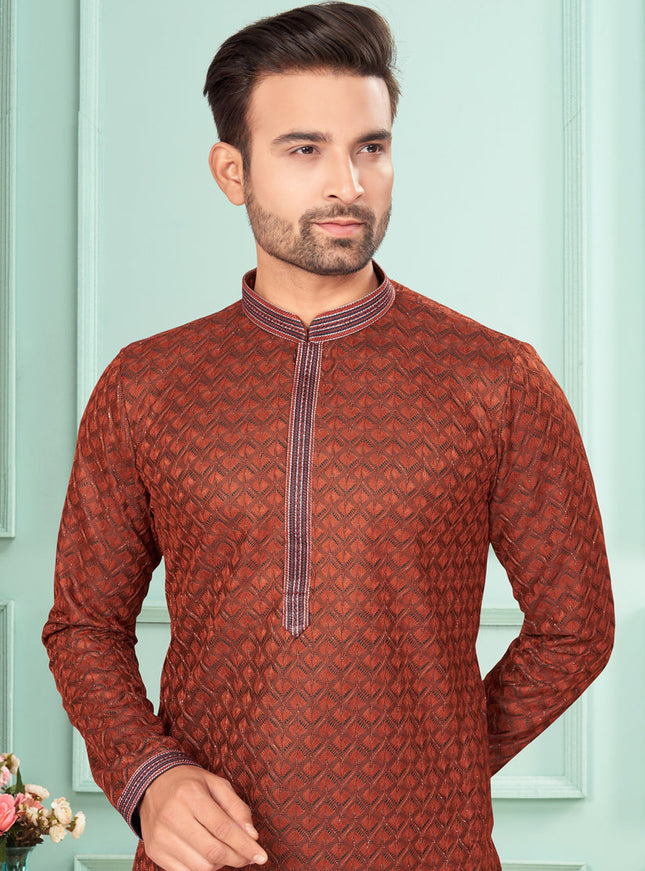 Rust Jacquard Mens Kurta Pajama Set