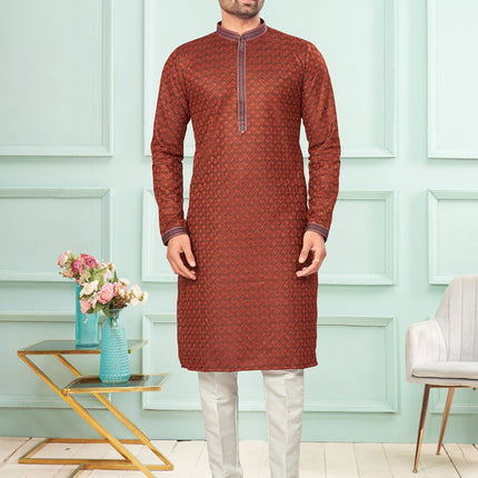 Rust Jacquard Mens Kurta Pajama Set