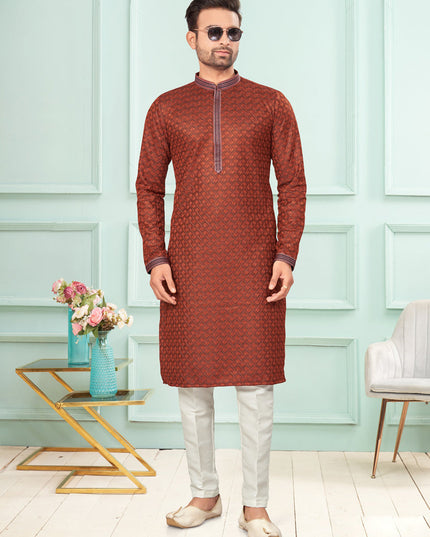 Rust Jacquard Mens Kurta Pajama Set