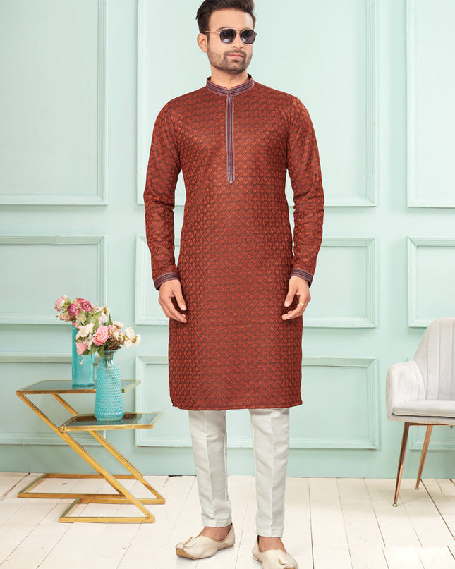 Rust Jacquard Mens Kurta Pajama Set