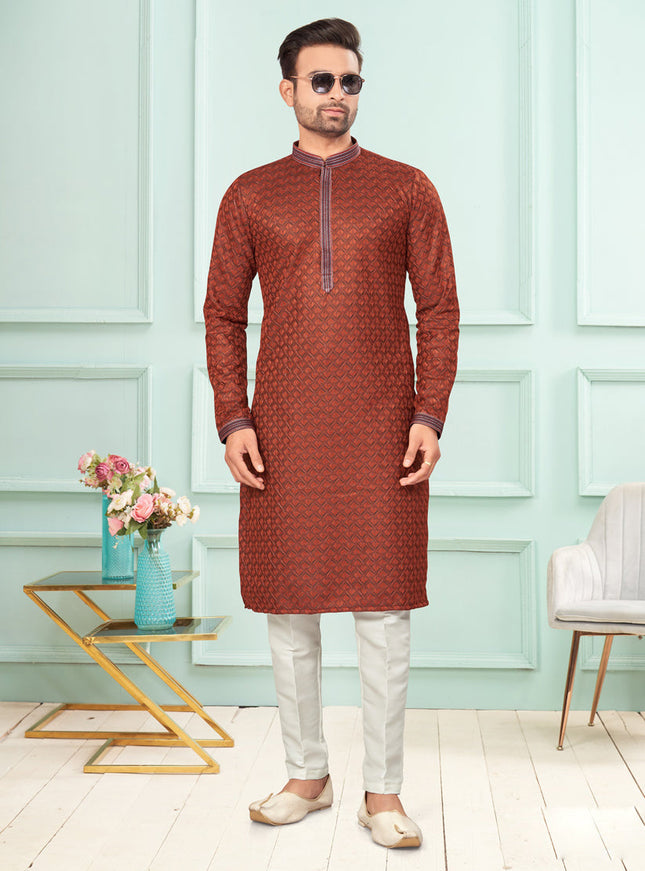 Rust Jacquard Mens Kurta Pajama Set