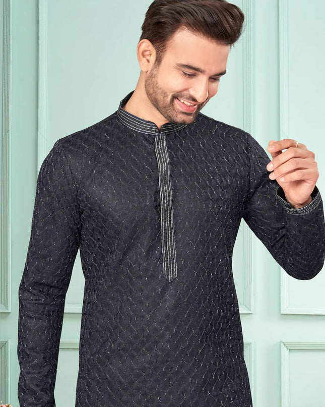 Black Jacquard Mens Kurta Pajama Set